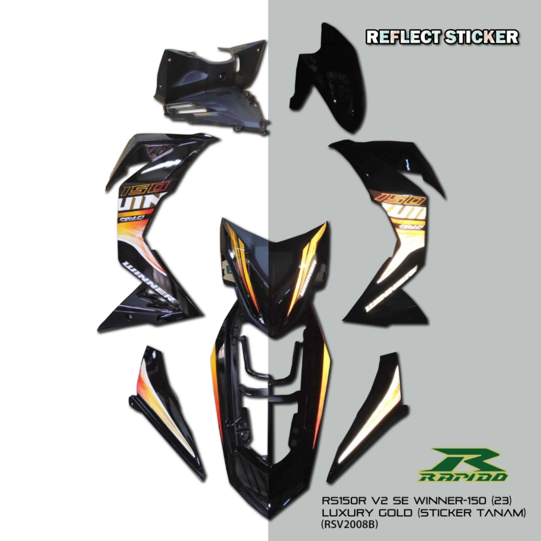ΚΟΣΤΟΥΜΙ ΠΛΑΣΤΙΚΑ ΣΕΤ ΓΙΑ HONDA GTR 150 V2 BLACK / LUXURY GOLD ΧΩΡΙΣ ΜΑΤ ΠΛΑΣΤΙΚΑ RAPIDO