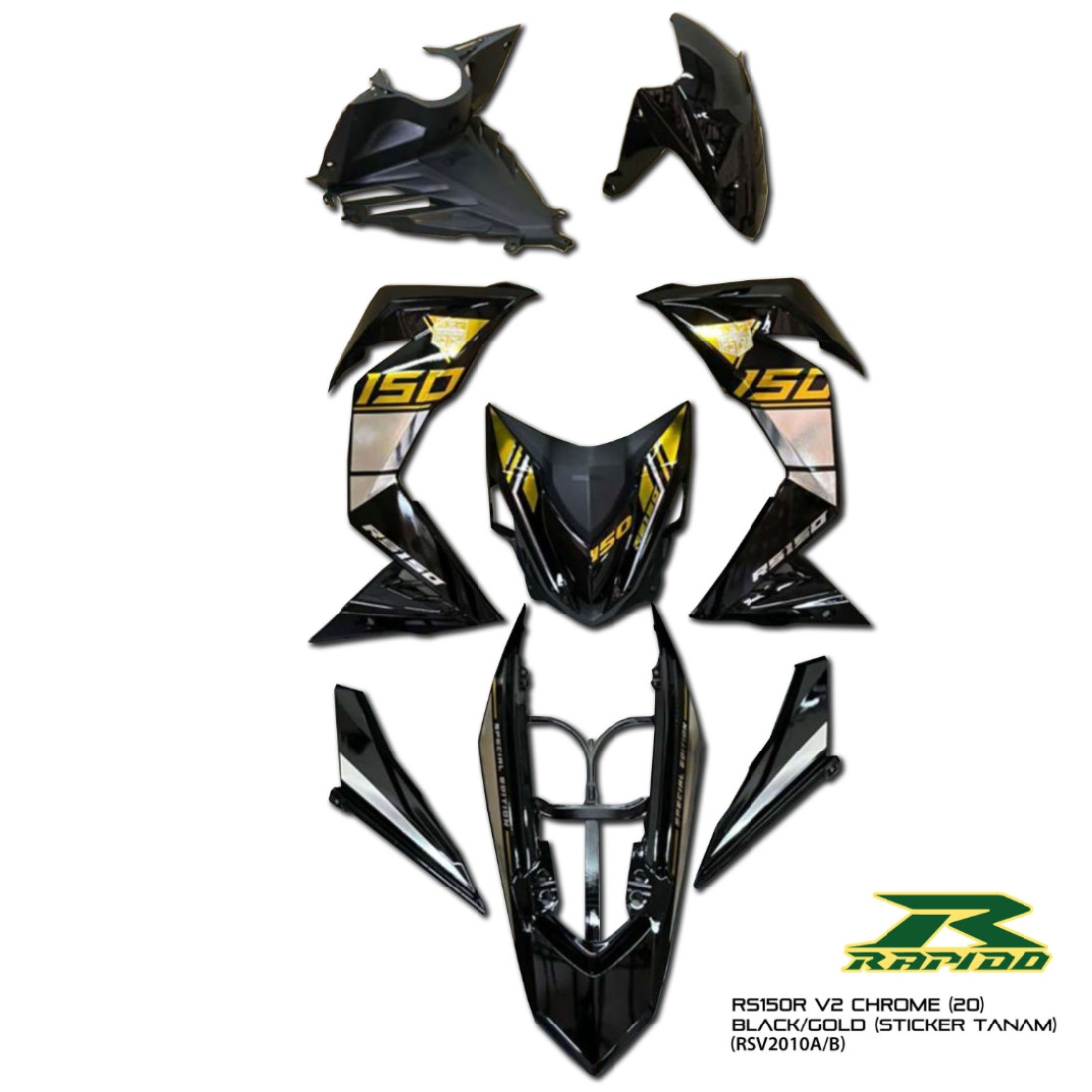 ΚΟΣΤΟΥΜΙ ΠΛΑΣΤΙΚΑ ΣΕΤ ΓΙΑ HONDA GTR 150 V2 BLACK / GOLD ΧΩΡΙΣ ΜΑΤ ΠΛΑΣΤΙΚΑ RAPIDO